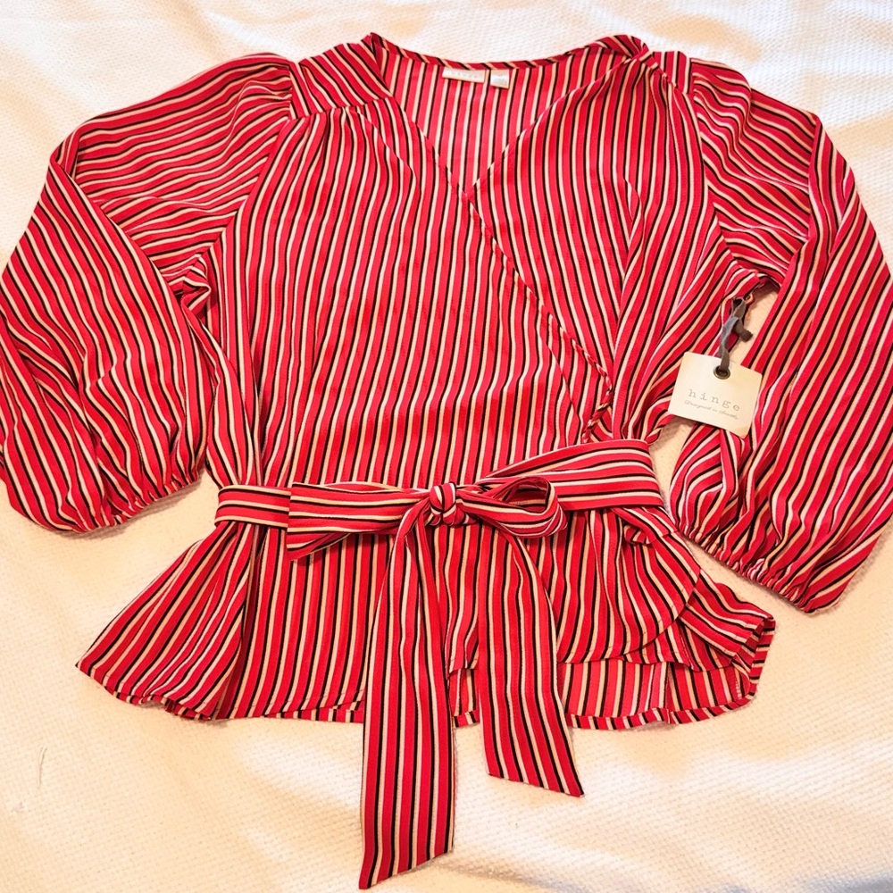 HINGE Striped Wrap Blouse Tie Bow Waist Red & White Stripe Puff Long Sleeve Top - Picture 2 of 16
